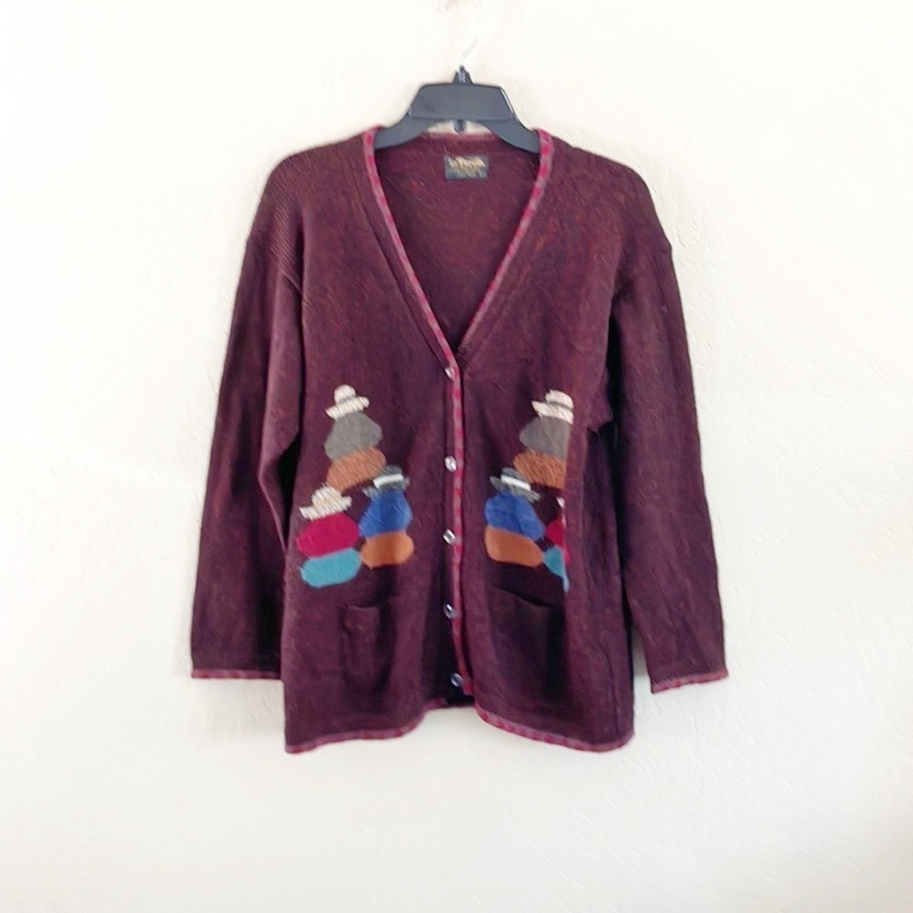Women's Burgundy Cardigan with Colorful Accents